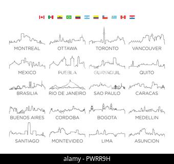 Nord- und Südamerika skyline city line Kunst, Vector Illustration Design von Vektor Stadt Silhouetten Stock Vektor