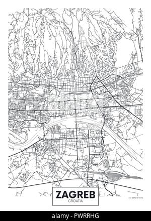 Detaillierte Vektor poster Stadtplan Zagreb detaillierten Plan der Stadt, Flüsse und Straßen Stock Vektor