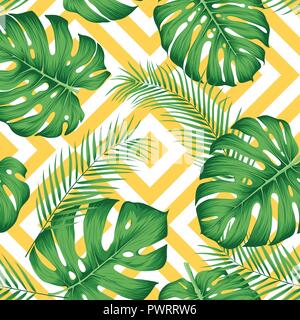 Nahtlose exotische Muster mit tropischen Blätter auf einem geometrischen Hintergrund mit gelben Rauten Vorlage für Ihr Design Stock Vektor