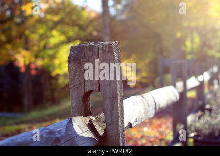 Sunlit Holzzaun in herbstlichen Northern Vermont Stockfoto