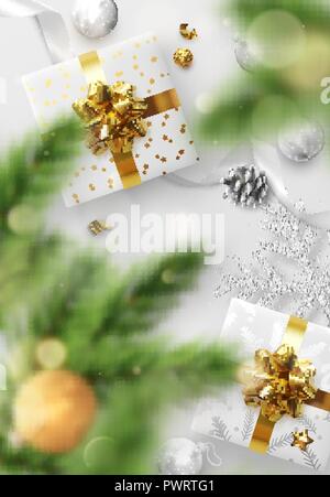 Weihnachten Hintergrund. Weihnachten Zusammensetzung realistische Dekoration, geschenk, geschenke, Konfetti, Schneeflocke und Weihnachten Kugeln. Fichte Äste Pine Cone. Hellen festlichen Design, Grußkarte. Stock Vektor