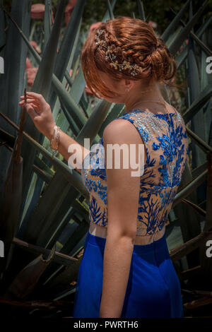 Mädchen mit blauen Spitzenkleid und maguey Anlage Stockfoto