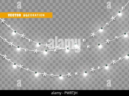 Weihnachtsschmuck, auf transparentem Hintergrund isoliert. Weißes Licht Girlanden und realistischen set Star. Silber Weihnachten Dekor. Festliche design Element Stock Vektor