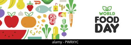 Welternährungstag Web Banner Illustration für Ernährung und gesunde Ernährung mit bunten Flachbild cartoon Symbole. Mit Gemüse, Obst, Brot, Fleisch. Stock Vektor