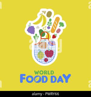 Welternährungstag Grußkarte Illustration für gesunde Ernährung, Lebensmittelgeschäft Tasche und farbenfrohen cartoon Symbole. Mit Gemüse, Obst, Brot, Muttern. Stock Vektor