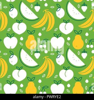 Obst nahtlose Muster mit grünen, flachen cartoon Symbole. Gesunde Ernährung oder organische Nahrung Konzept Design Hintergrund. Mit Apfel, Banane, Wassermelone und Stock Vektor