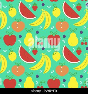 Obst nahtlose Muster mit bunten Flachbild cartoon Symbole. Gesunde Ernährung oder ausgewogene Ernährung Konzept Hintergrund. Mit Apfel, Banane, Wassermelone ein Stock Vektor