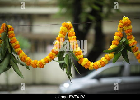 Ringelblume Girlanden und grüne Blätter als Dekoration während Dussehra Festival in Indien Stockfoto