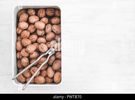 Walnüsse und Nussknacker in einer Box, weiß lackierten Holz- Hintergrund mit kopieren. Stockfoto