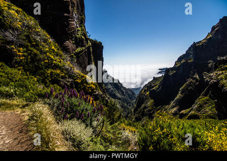 Bunte Bergrücken Pfad mit vulkanischen Formationen neben, Pico Do Arieiro, Madeira Stockfoto