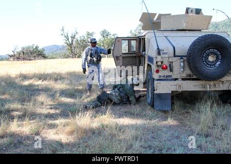 Us-Armee finden Sie Kapitän Warren Bannister, eine Observer-Coach-Trainer mit der 91St Training Division, 84th Ausbildung Befehl, sieht aus wie eine simulierte casuality in eine M1151 HMMWV zurück zu den Einheiten Casuality Sammelstelle am Fort Hunter Liggett, Calif., die am 19. Juni 2017 gebracht zu werden, klettert. Mehr als 3000 US-Army Reserve Soldaten beteiligen sich an der 84. Krieger Ausbildung Befehl Übung (Warex) 19-17-03 am Fort Hunter Liggett, Calif.; die Warex ist eine groß angelegte kollektive Training Plattform fähig, tödliche generieren und bereit, Kräfte zu bekämpfen. Us-Armee Stockfoto