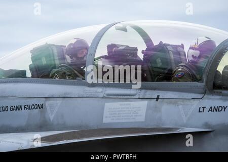 VIRGINIA BEACH, Virginia (Jun. 20, 2017) Dr. Marcus Tepaske, Büro der Naval Research Global Science Advisor des US-Flotte Kräfte Befehl wartet, um Taxi vor eine Orientierung Flug in einem F/A-18E/F Super Hornet der Checkmates von Strike Fighter Squadron (VFA) 211 zugeordnet. Wissenschaftliche Berater sind zivile Wissenschaftler, Ingenieure und Technologen, die auf einer gemeinsamen, Navy und Marine Corps Befehl als leitender Verbindung mit Wissenschaft und Technologie Organisationen in Politik, Wissenschaft und Industrie dienen. ( Stockfoto