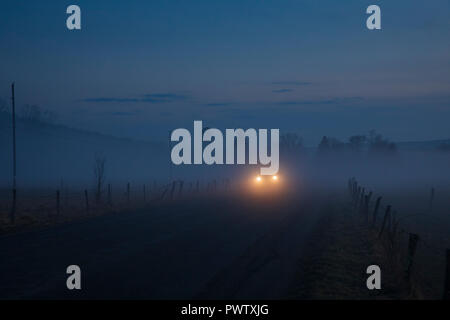 Nebel geistert durch die Landschaft während einer warmen Winter Abend in Jenksville, NY. Stockfoto