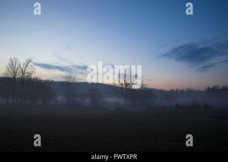 Nebel geistert durch die Landschaft während einer warmen Winter Abend in Jenksville, NY. Stockfoto