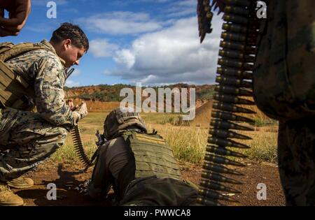 Us Marine Corps Sgt. Ian Pass, eine Maschine gunner mit Task Force Koa Moana 17, überwacht ein Mitglied der Französischen Armee, als er an der Pflaume Kaserne, Neukaledonien, 29. Juni 2017 Brände ein M240B Medium Maschinengewehr. Koa Moana 17 ist entworfen, um die Kompatibilität mit unseren Partnern zu verbessern, militärische erhöhen die militärischen Beziehungen, und setzen Sie das Marine Corps Kräfte auf die verschiedenen Typen von Gelände für Vertrautheit im Falle von Naturkatastrophen in der Region. Stockfoto