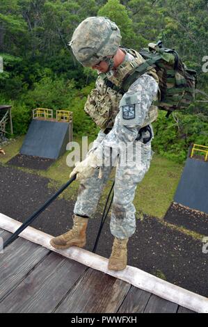 Cadet Scott Kerchberger, eine Reserve Officer Training Corps (ROTC) Cadet von der Virginia Military Institute, führt eine RAPPEL am Blitz Akademie am Schofield Barracks Osten, Hawaii, am 6. Juli 2017. Kerchberger ist Teil des diesjährigen 25 Infanterie Division Cadet Truppe Leadership Training (CTLT) und ist derzeit mit der 3. Staffel zugeordnet, 4.Kavallerie Regiments, 3. Brigade Combat Team, 25-ID, die während der Dauer seines Aufenthalts in Hawaii. Stockfoto