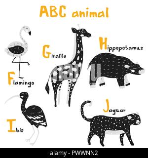 Vektor Hand gezeichnet cute abc Alphabet Tier skandinavisches Design, Flamingo, Giraffe, hippopotamusl, Ibis, Jaguar Stock Vektor