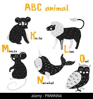 Vektor Hand gezeichnet cute abc Alphabet Tier skandinavisches Design, Löwe, Maus, Narwalen, Dinosaurier, Owl Stock Vektor
