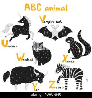 Vektor Hand gezeichnet cute abc Alphabet Tier skandinavisches Design, Zebra, Vampir Fledermaus, Einhorn, Wombat, Xerus, Yak Stock Vektor