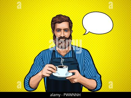 Barista mann Bart. Heißer Kaffee. Pop Art Illustration. Business Café, Kaffee, Vector Illustration. Hipster Mann mit Bart und Kaffee Tasse. Stock Vektor