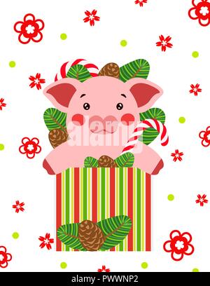 Frohes neues Jahr Nettes Schwein in Geschenkbox Postkarte chinesisch. Symbol für das Jahr 2019 vector Illustrtion Stock Vektor