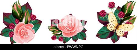 Stellen Sie sträuße von Rose, Berry, Schmetterling. Vektor schöne blumen Hochzeit Design. Stock Vektor