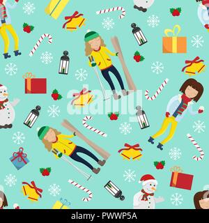 Neues Jahr sealmless Muster mit Mädchen im Winter Kleidung und saisonale Elemente. Stock Vektor