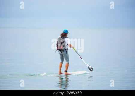 Kaukasier Männlich, Rückansicht, im Meer isoliert, genießen Sie beliebte Aktivität im Freien, Stand up Paddle Boarding (SUP Surfen) auf Sommerurlaub, Wales, UK. Stockfoto