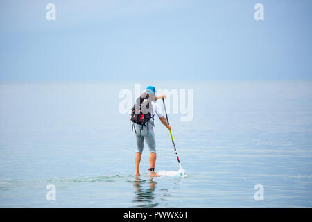 Kaukasier Männlich, Rückansicht, im Meer isoliert, genießen Sie beliebte Aktivität im Freien, Stand up Paddle Boarding (SUP Surfen) auf Sommerurlaub, Wales, UK. Stockfoto