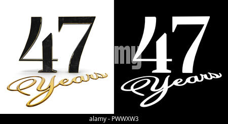 Goldene Zahl 47 (Nummer 47) und die Inschrift Jahre mit Schlagschatten und Alpha Kanal. 3D-Darstellung. Stockfoto