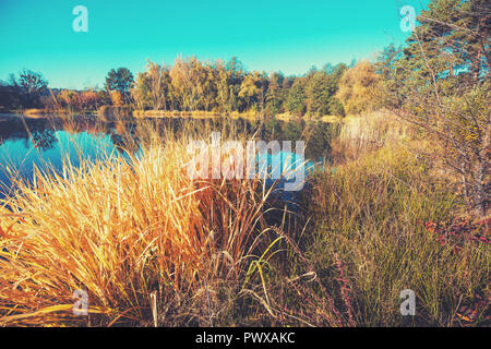 Am frühen Morgen, Sonnenaufgang über dem See. Ländliche Landschaft im Herbst, wilde Natur Stockfoto