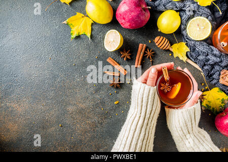 Mädchen Halten und trinken Tasse herbst winter Hot würzigen Kaffee mit roten Äpfeln, Zitronen, Zimt, Anis, Honig, Dunklen rusty Background Copy space, Hände in Pic Stockfoto