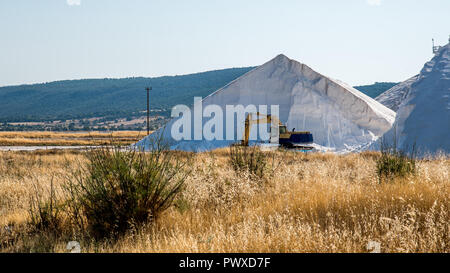 Bagger Maschinen vor einem großen Berg von Salz Stockfoto