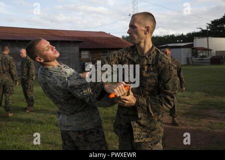 Us Marine Cpl. Peter M. Carlton, schwere Ausrüstung Fahrer mit der Logistik Combat Element, Special Purpose Marine Air-Ground Task Force - Southern Command und Cpl. Kyler Barrett, Landung Support Specialist mit dem LCE, Marine Corps Martial Arts Programm den braunen Gürtel Techniken im Soto Cano Air Base, Honduras, 26. Juni 2017. Der Zweck der MCMAP ist körperliche Fitness und Beihilfen in der persönlichen Entwicklung jedes Marine im Team zu verbessern. Die Marinesoldaten und Matrosen von SPMAGTF - SC sind nach Mittelamerika für die nächsten sechs Monate bereitgestellt Sicherheit Zusammenarbeit Schulung und eng zu führen Stockfoto