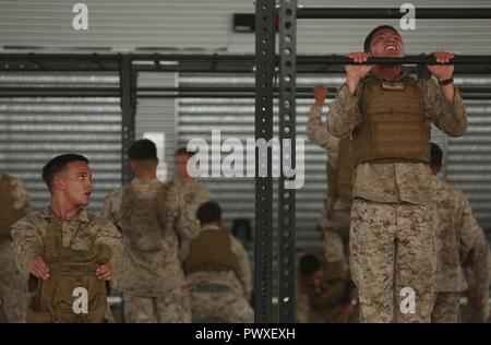 LAVARACK BARRACKS, Australien - Lance Cpl. Dylan Wagner hält den Kupplungsplattenträger während PFC-Jona Braun führt eine Reihe von Pull-ups während einer Marine Corps Martial Arts Programm (MCMAP) Körperliche Training, 3. Juli 2017. "MCMAP ist über Teamwork," sagte 1. Sgt. Robert Leatherman, Firma 1 Sgt. für Firma L. Stockfoto