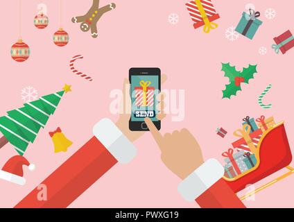 Santa Claus senden Geschenk mit Dekorationen und Geschenkboxen smartphone. Vector Illustration Stock Vektor