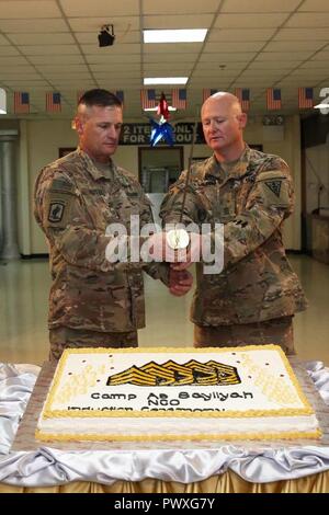 Command Sgt. Maj. Larry D. Godsey mit einer Zeit, 1.BATAILLON, 138 Infanterie Regiment, Missouri Army National Guard, und Sgt. Maj. Andy Wilson, 3. Medizinischen Command-Deployment unterstützen, bereiten einen Kuchen zu einem noncommissioned officer Induktion Zeremonie am Lager als Sayliyah, Katar, 1. Juli 2017 statt. 38 U.S. Army Central Soldaten der 3. Medizinischen Command-Deployment zugewiesen sind, unterstützen, 1 Theater Sustainment Command und 1 Mrd. des Missouri Army National Guard, 138 Inf. Regt., an der Zeremonie teil. Stockfoto