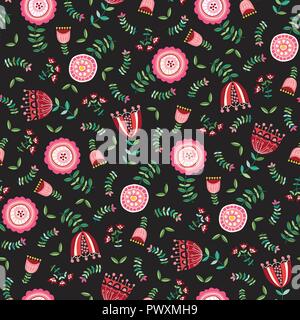 Folk hellen Blumen auf Ecru Hintergrund Vektor nahtlose Muster. Bold Florals. Hand-Drawn vereinfachende Blüten. Traditionelle ornamentale Flora. Allover Dood Stock Vektor