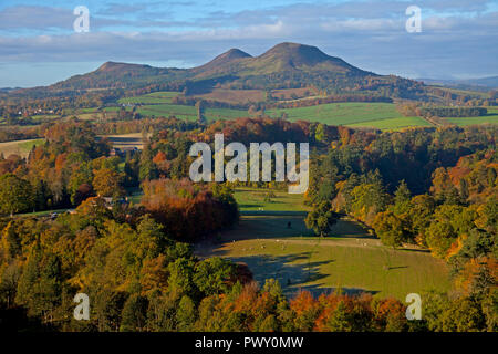 Scott's View, Melrose, Schottland, Großbritannien. 18. Oktober 2018. UK Wetter, herrlichen Sonnenschein Hervorhebung der herbstlichen Laub in Richtung der Eildon Hills auf der Suche nach einem frostigen Start in Scottish Borders, Temperatur um 7 Grad. Stockfoto