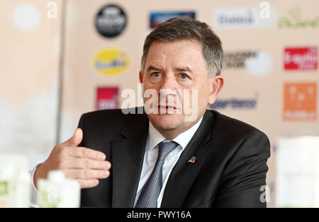 Karlsruhe, Deutschland. Okt, 2018 18. Erich Harsch, Vorsitzender der Geschäftsführung der Drogeriemarktkette dm, beantwortet Fragen von Journalisten auf der Bilanzpressekonferenz der Apotheke Gruppe in Karlsruhe. Credit: Uli Deck / dpa/Alamy leben Nachrichten Stockfoto