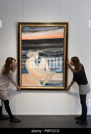 Opera Gallery, New Bond Street, London, UK. 18. Oktober, 2018. 90 Jahre alten französischen fauvist Künstler André Brasilier besucht die Eröffnung einer Retrospektive seiner Arbeit, begleitet von seiner Frau und Muse, Chantal. Brasilier war der erste Künstler, den Prix de Rome zu gewinnen, war er sehr bewundert von Marc Chagall, und er zählte, Jacqueline Roque als einer seiner guten Freunde. Allerdings, so wie Leon Kossoff Brasilier hat immer eine niedrige Profil gehalten. Bild: Bientôt la nuit, 2018. Credit: Malcolm Park/Alamy Leben Nachrichten. Stockfoto
