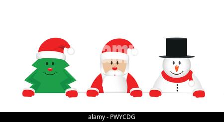 Cute Weihnachtsbaum Weihnachtsmann und Schneemann Cartoon Illustration Vektor EPS 10. Stock Vektor