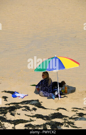 Frau mit kleinen Hund saß am Strand unter dem Dach Stockfoto