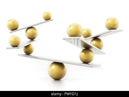 Balancing Sphären im Gleichgewicht stehen auf Wippen. 3D-Darstellung. Stockfoto