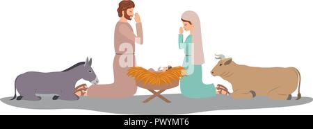 Heilige Familie und Tiere Krippe Zeichen Stock Vektor