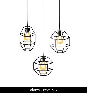 Hand gezeichnet Vektor einrichten verschiedener geometrischer loft Lampen und Bügeleisen Lampenschirm. Industrielle Stil. Stock Vektor