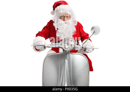 Santa Claus auf einem Oldtimer Roller auf weißem Hintergrund Stockfoto