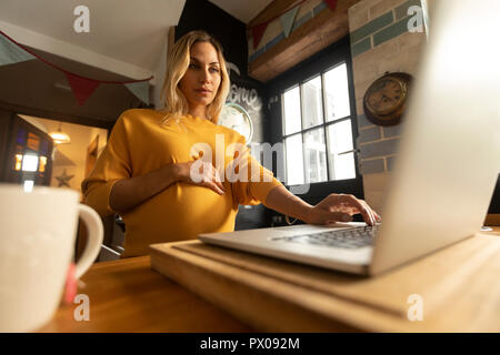 Schwangere Frau mit Laptop zu Hause Stockfoto