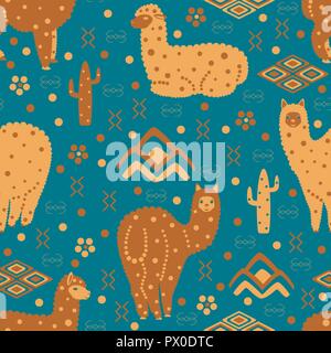 Alpaka Peru. Nahtlose Muster. Schöner Stil. Berge, Kakteen, Blumen, Ornament. Für Hersteller und Verkäufer von Wolle, Garne, Stoffe decken und Blutgerinnsel Stock Vektor