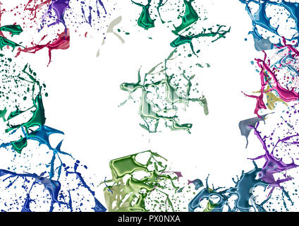 Spritzer von Farben auf weißem Hintergrund. Abstract für Design, bunte Farben und Lacke. Stockfoto